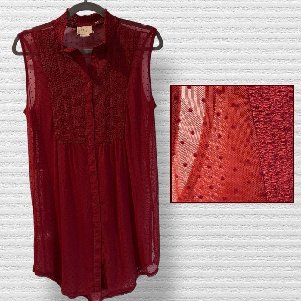 Vanessa Virginia Anthropologie Med Luella Rust Sheer Mesh Polka Dot Tunic Top